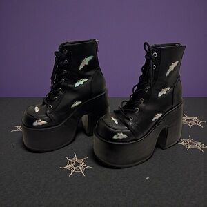 🦇 Demonia Holographic Bat Platform Ankle Boots – Goth Alt Statement Heels